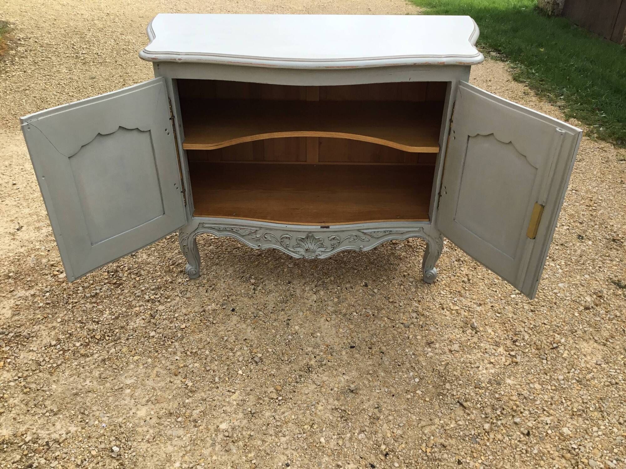 Louis XV style sideboard in cherry wood, revamped with Versailles parquet flooring
