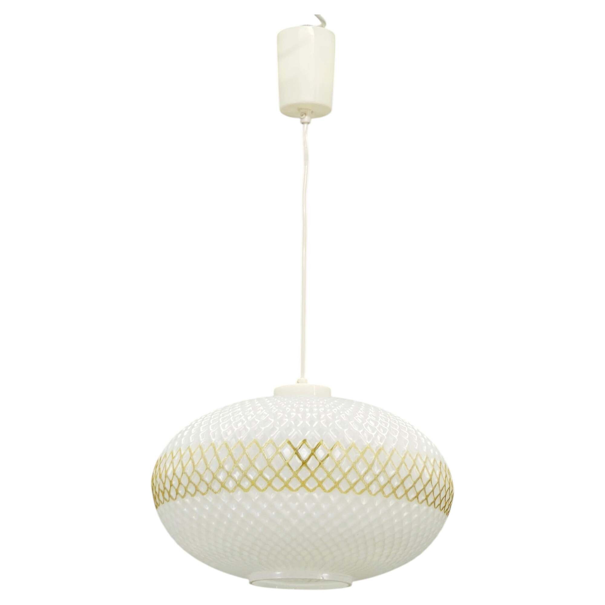 Czechoslovak Opaline Glass and Gold Pendant Light, 1970s