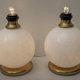 Pair of Mid-Century Modern Brass and Blown Murano Glass Table Lamps, 1970s
