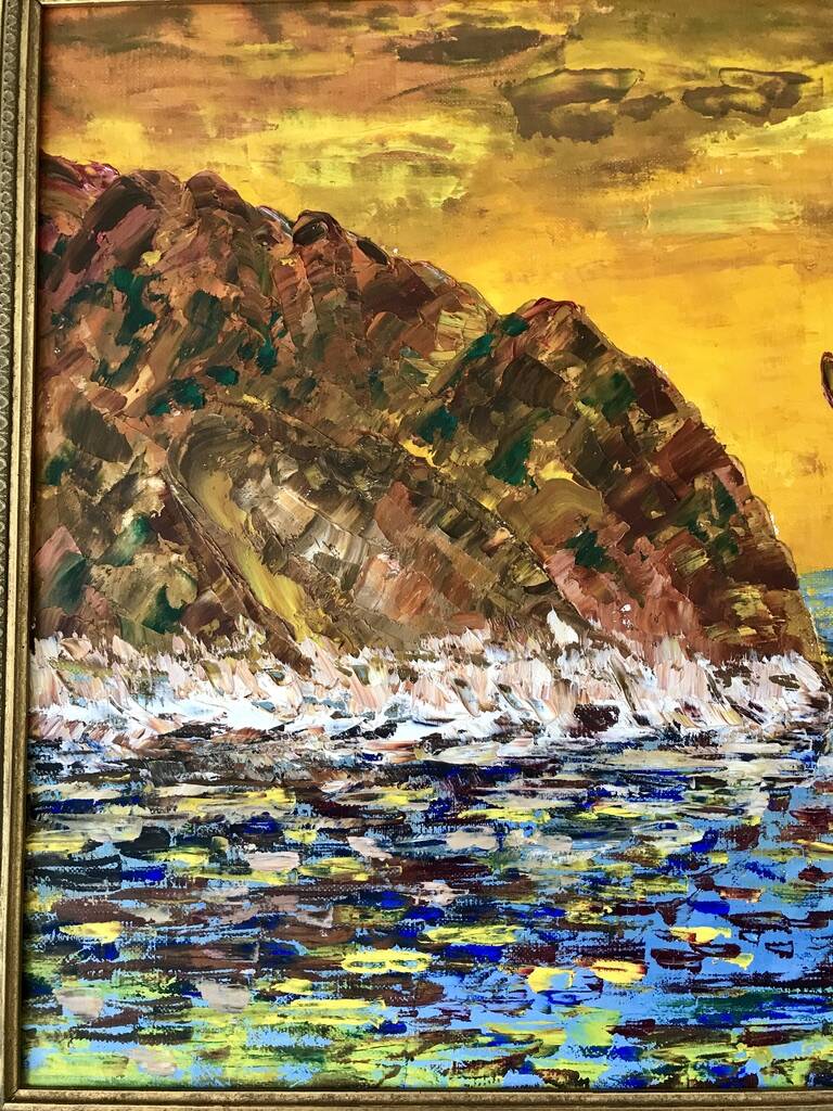 Oil painting on canvas landscape sunset framed vintage