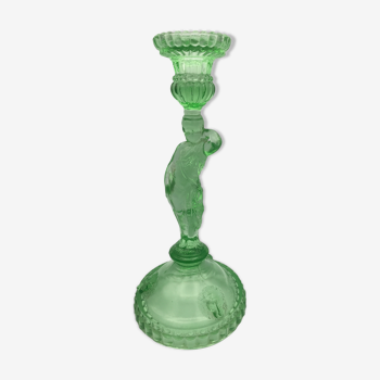 Bougeoir vintage verre moulé vert en forme de femme 27 cm