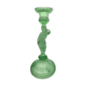 Bougeoir vintage verre moulé vert en forme de femme 27 cm