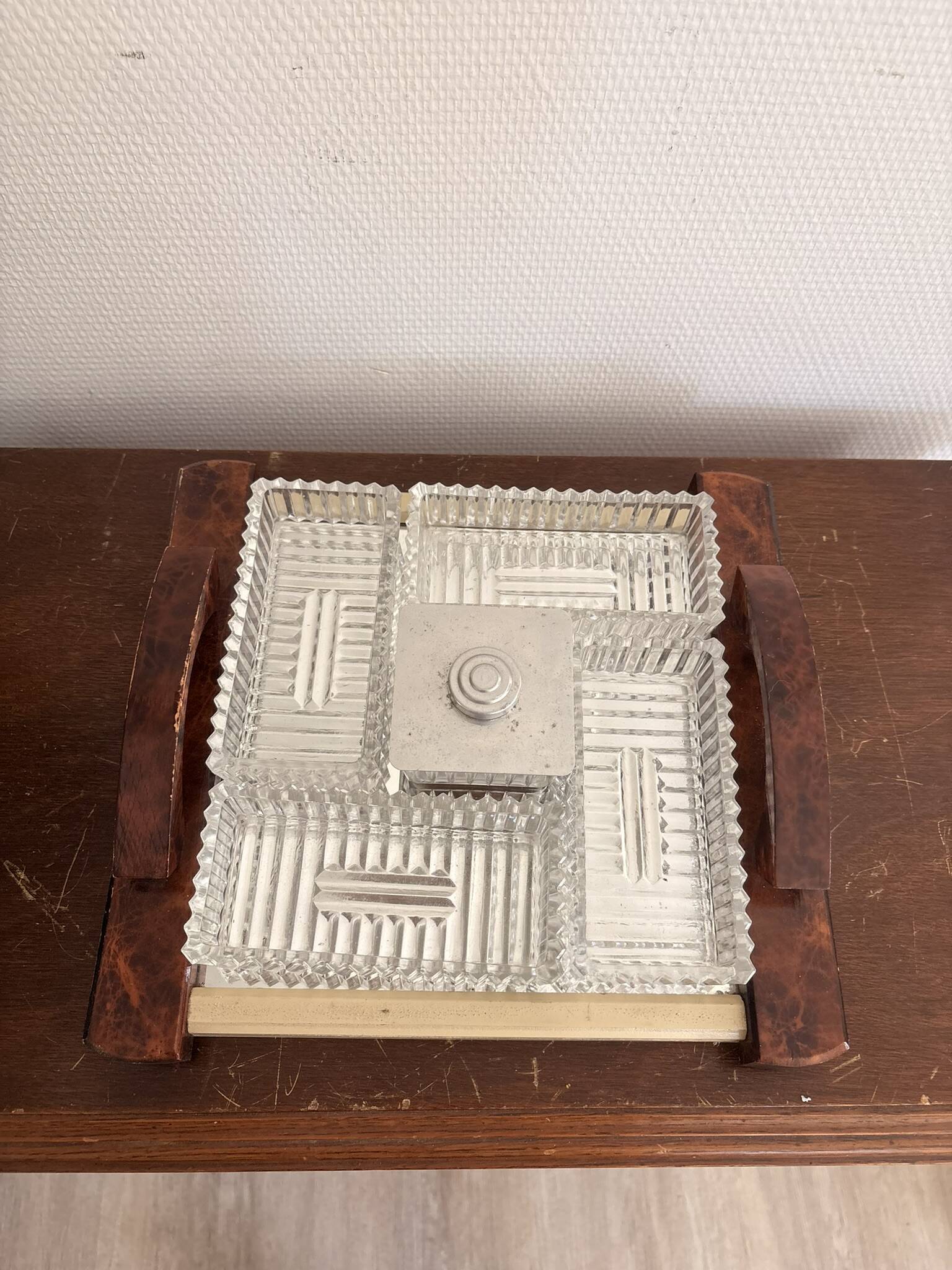 Vintage Serving Tray Aperitif Handle Thuya Walnut Art Deco Mirror Platter