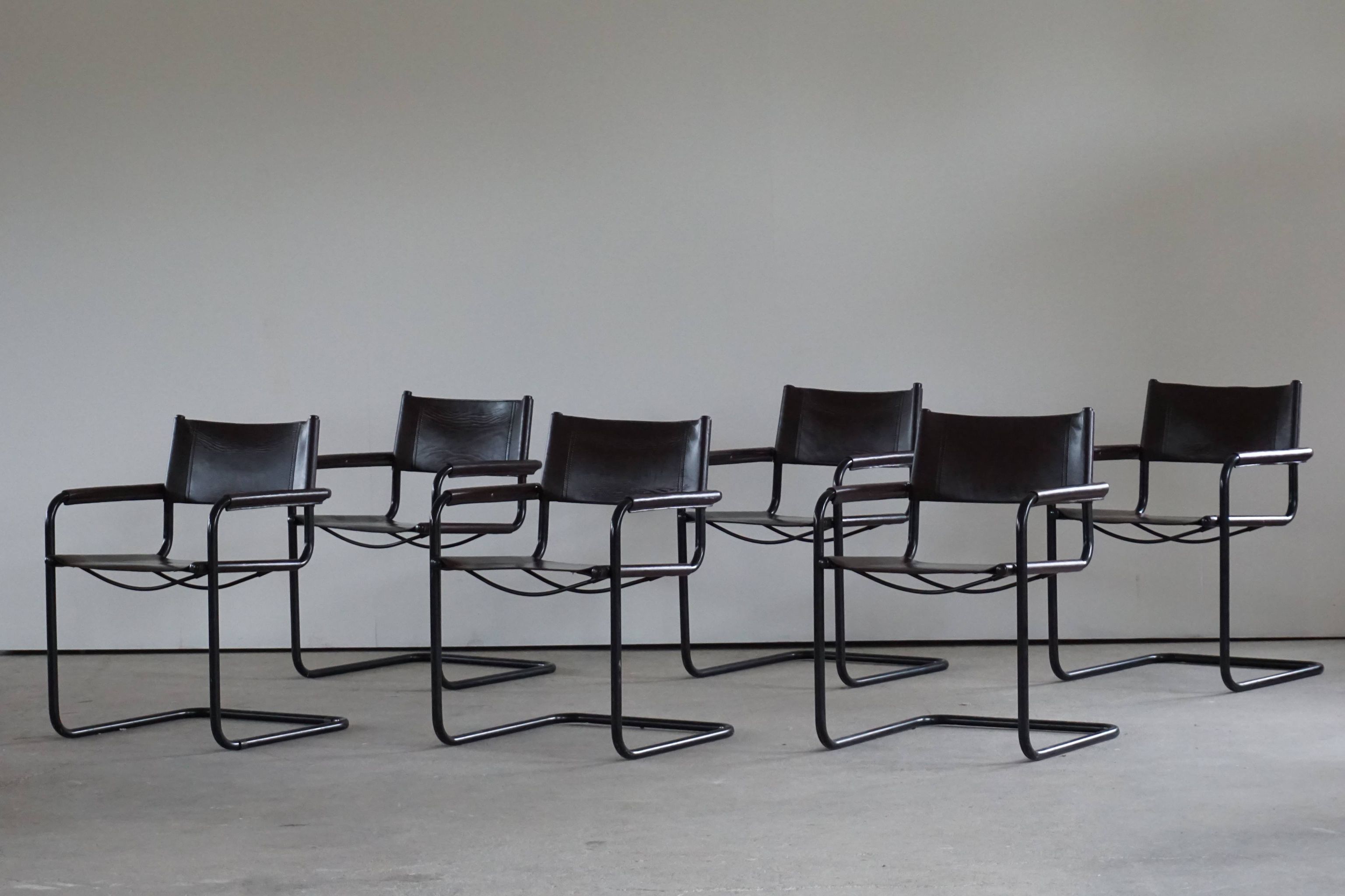 Ensemble de 6 fauteuils en porte-à-faux vintage en cuir brun par Linea Veam, Italie, années 70