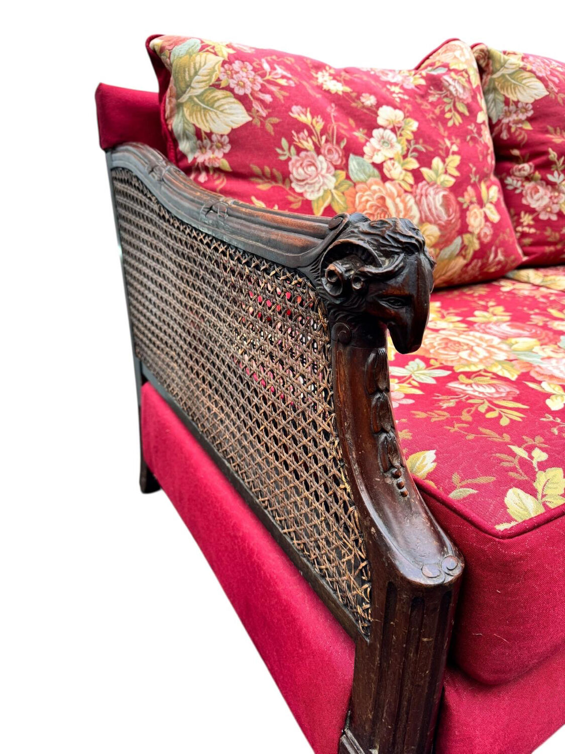 Empire-style bergère bench, carved wood and cane sofa, circa 1900
