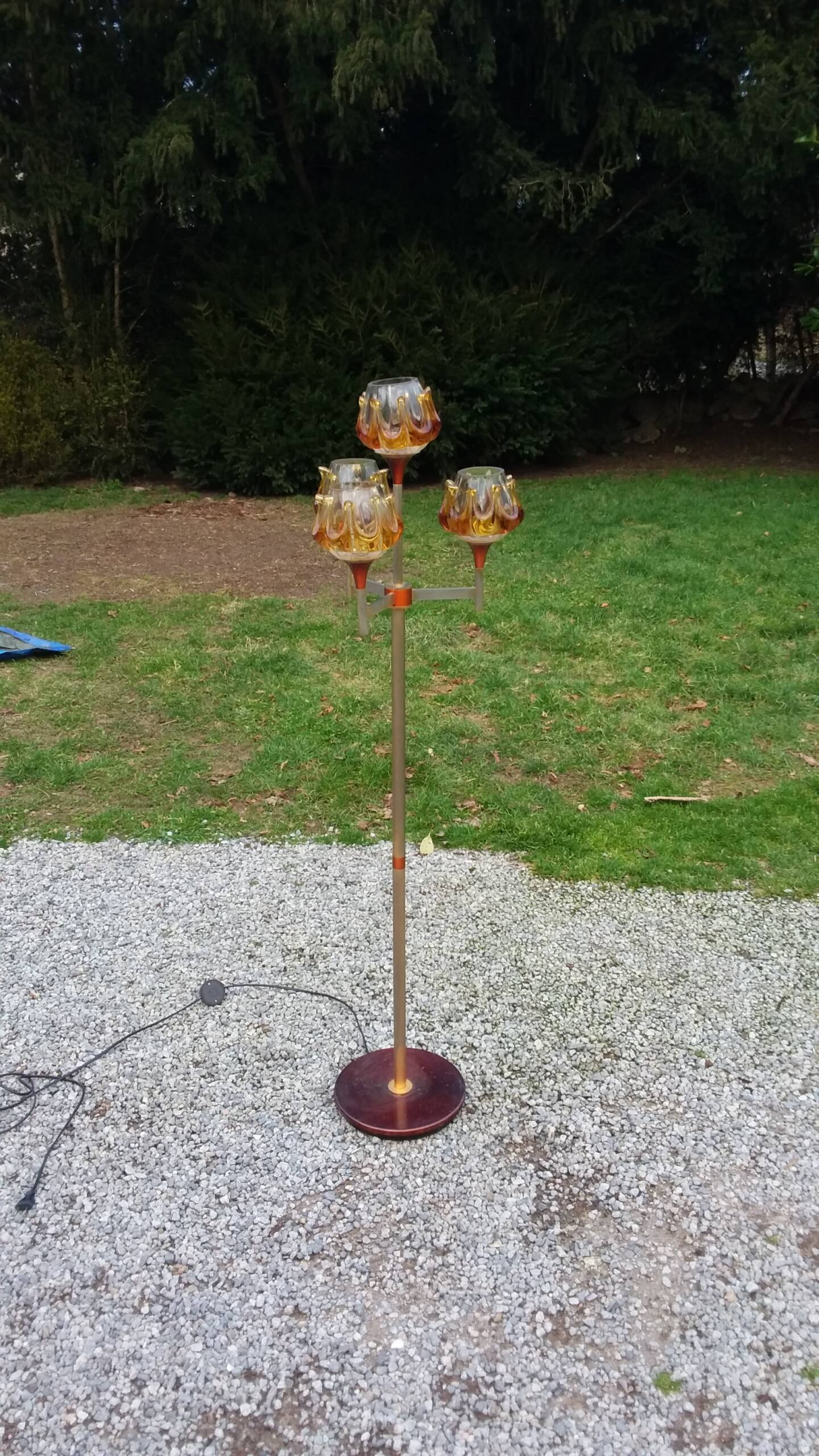 1970s design floor lamp in gold and orange chrome metal with 4 glass tulips
