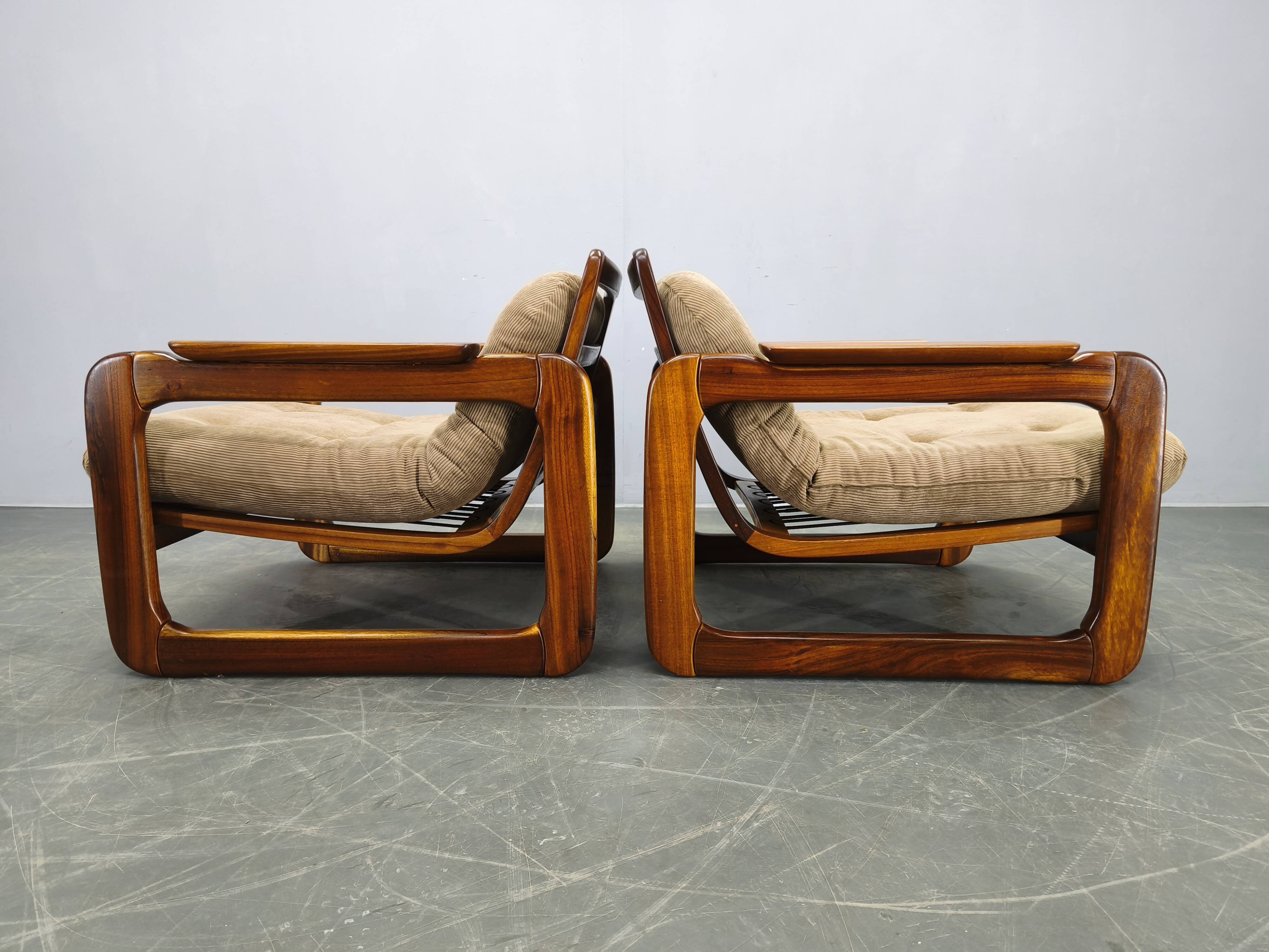 Pair of 1970s Scandinavian lounge chairs, upholstered in corduroy.