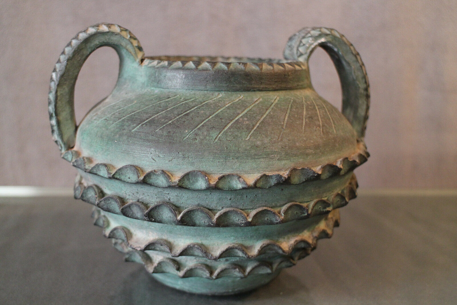 Terracotta vase with ceramic bronze green patina vase