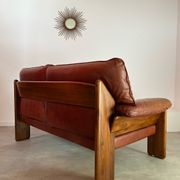 Old 2-seater leather and walnut sofa design 70s Mobil Girgi Mario Marenco vintage Italy