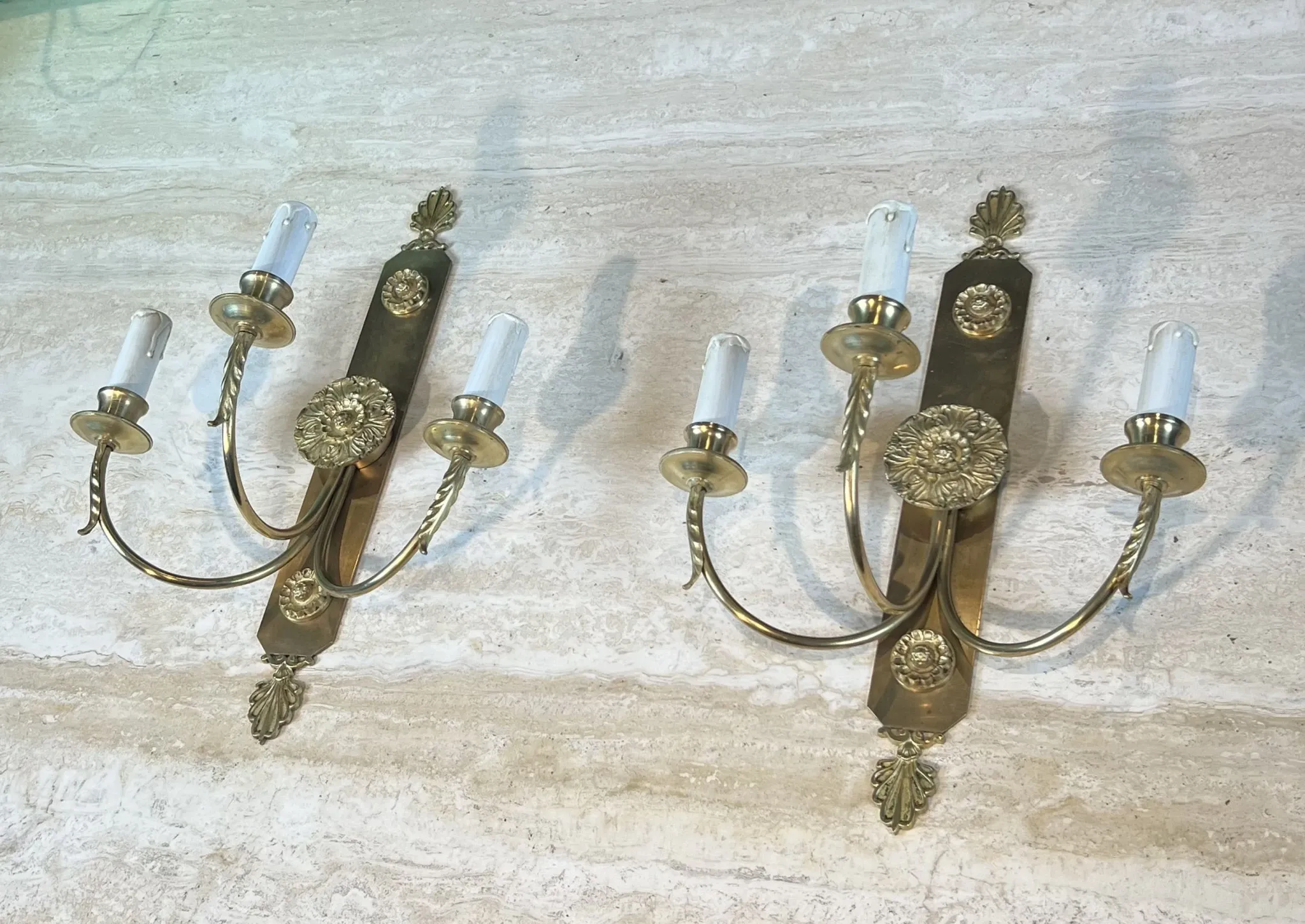 Pair of Neoclassical Wall Lights with Three Arms in Brass with Decoration