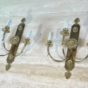 Pair of Neoclassical Wall Lights with Three Arms in Brass with Decoration