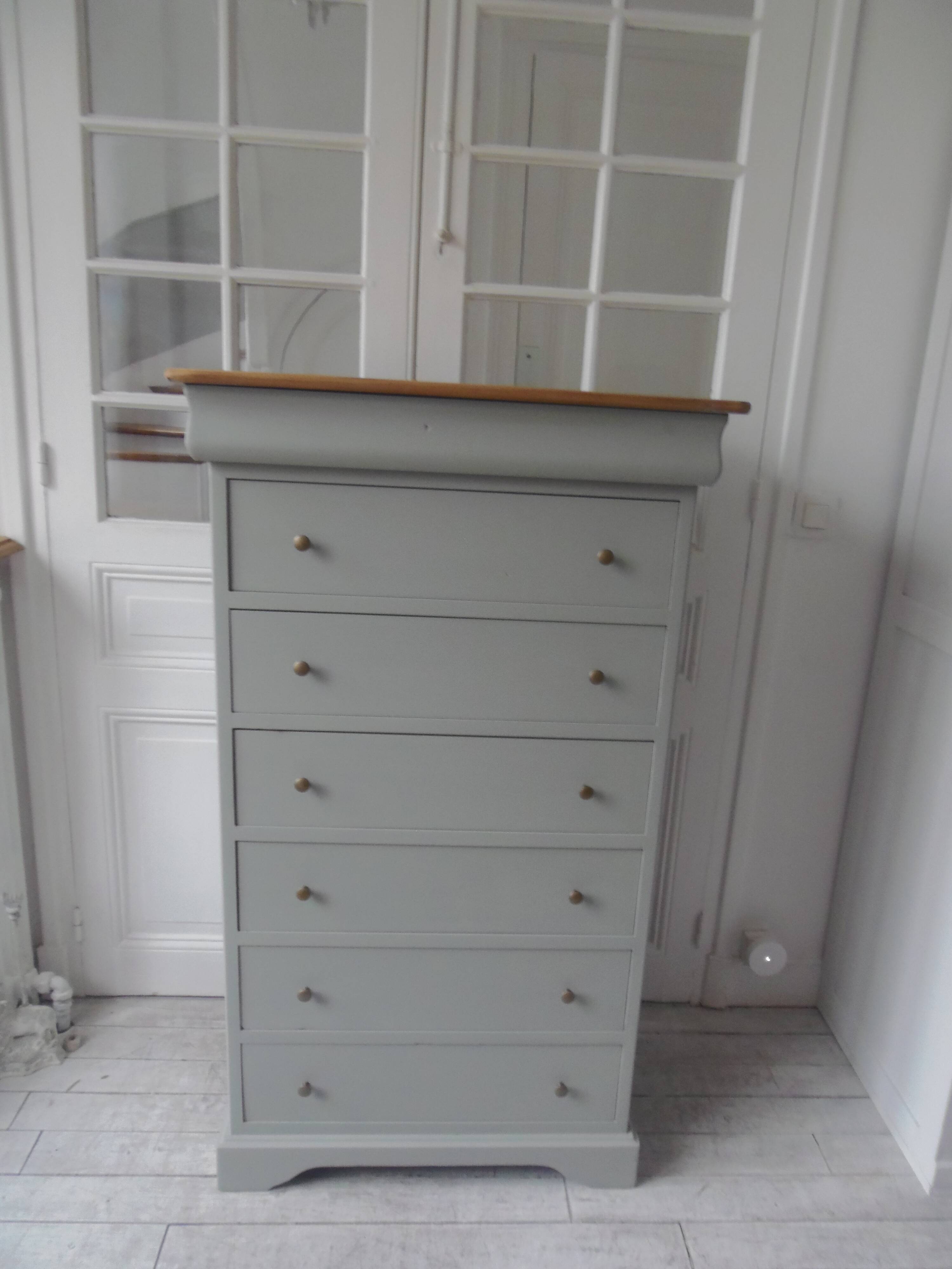 Louis Philippe style chest of drawers, 7 drawers, in verdigris, wooden top