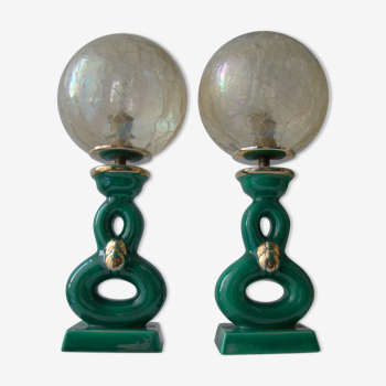 Pair of vintage lamps in bordeaux art ceramic