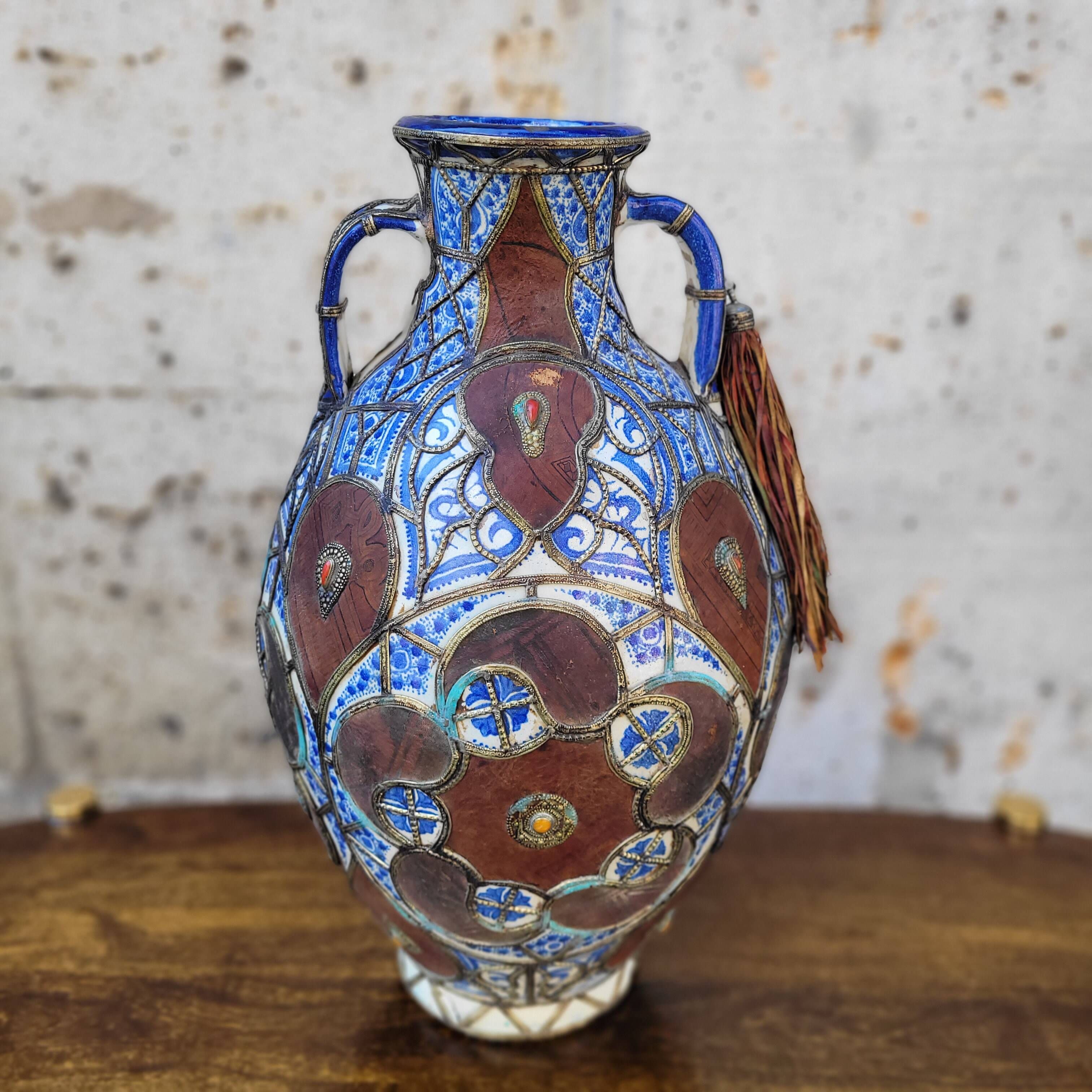 Filigree vase, ceramic, leather, enamel and metal, 19th century - Safi, Morocco