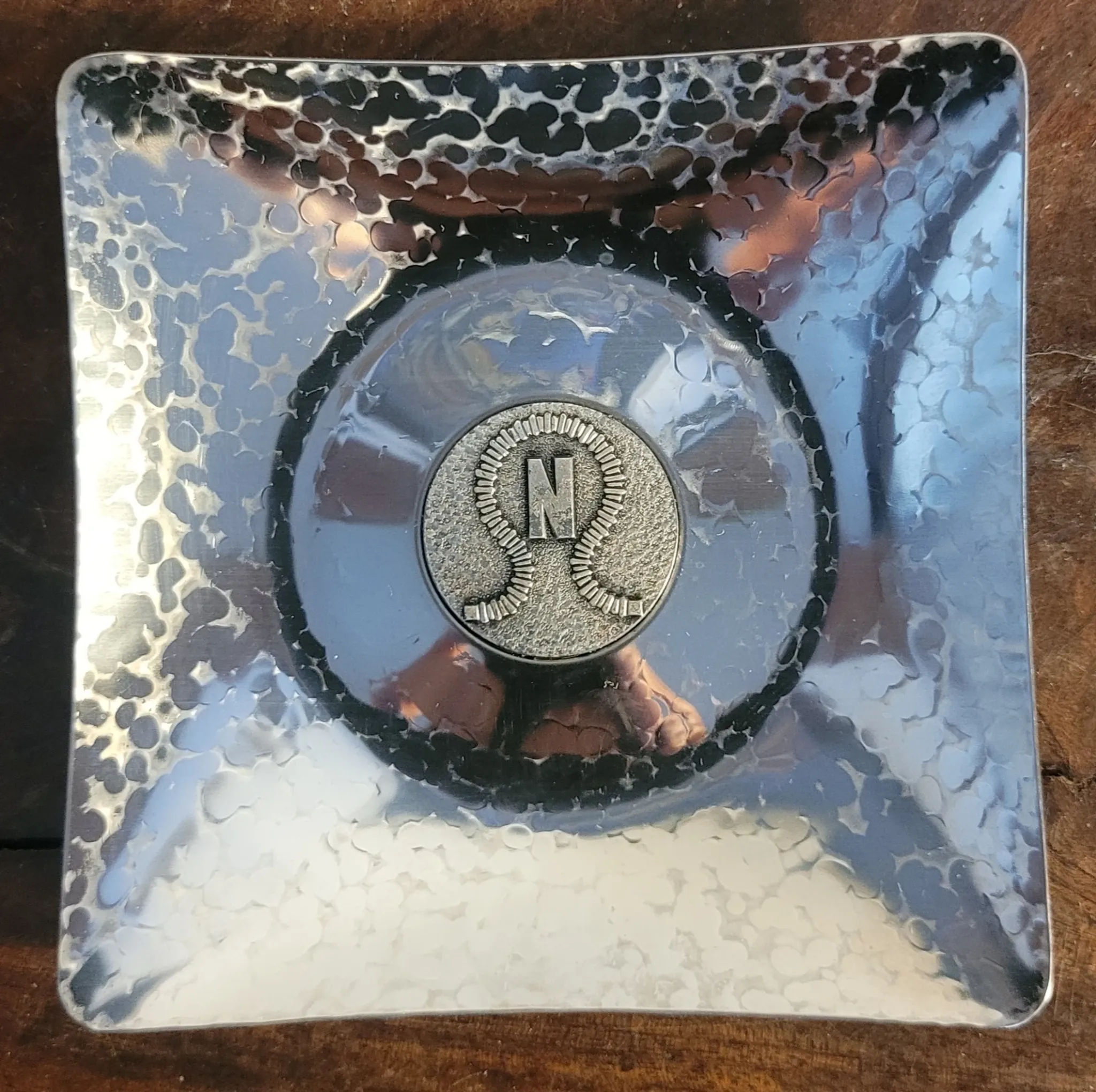 Nordon ashtray/trinket dish, hammered steel, 1970s 1980s