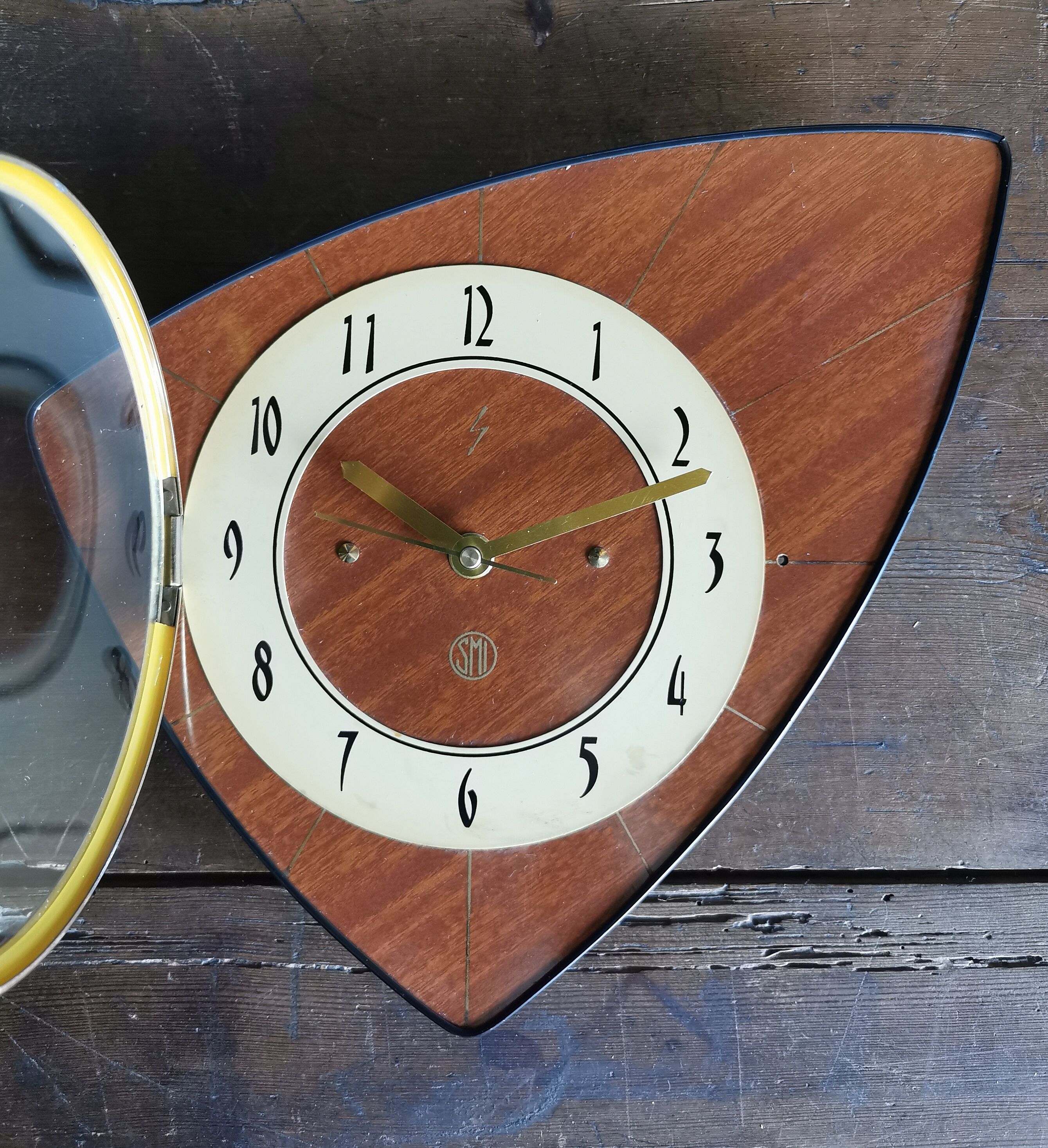 Vintage formica clock asymmetrical silent wall clock "SMI walnut golden lines"