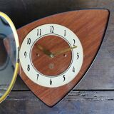 Vintage formica clock asymmetrical silent wall clock "SMI walnut golden lines"