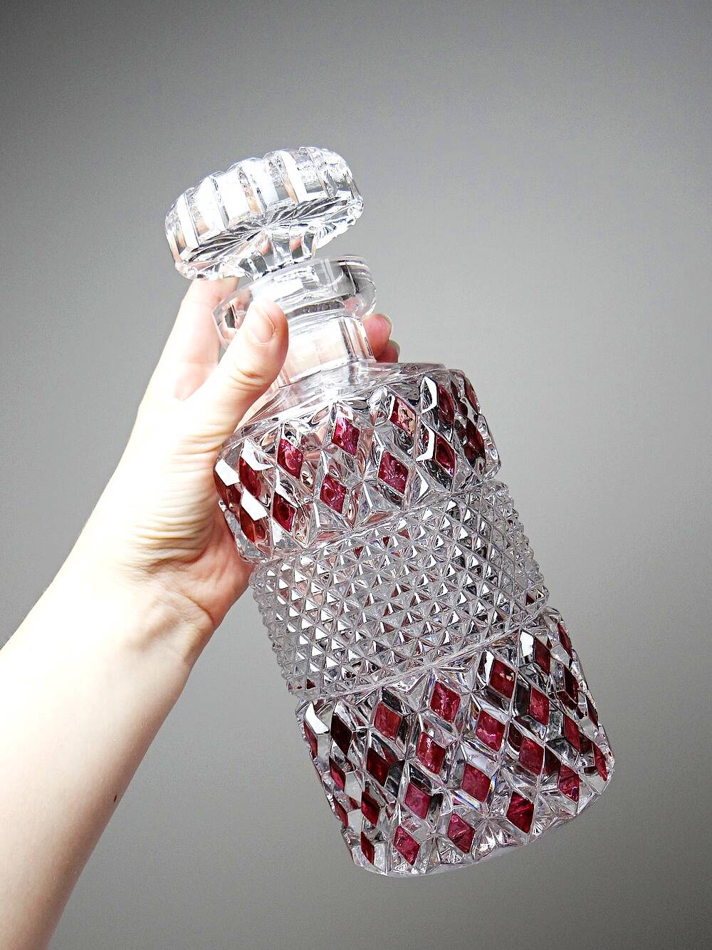 Harlequin crystal whisky decanter, Bohemia, Czechoslovakia, vintage 1950s-1970s