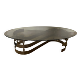 Table basse oval en métal chromé  et verre fumé forme  esse