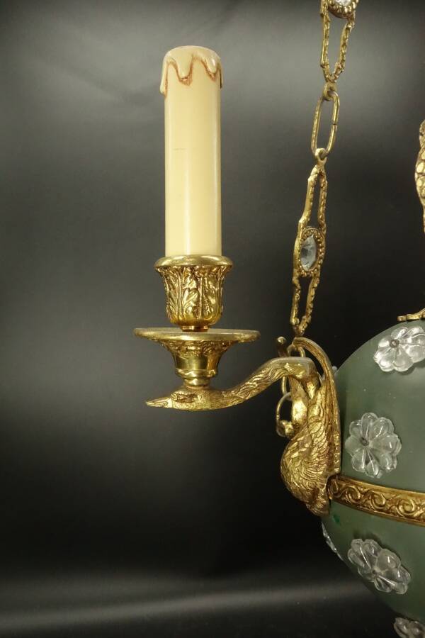 3-light chandelier with swan heads, Empire style - bronze & glass