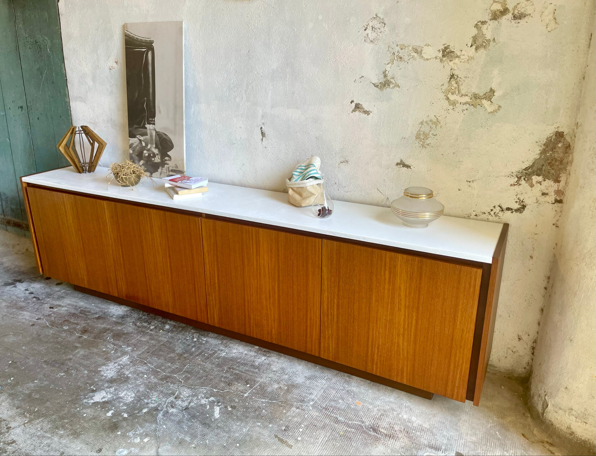 Large vintage sideboard 248 cm – wood & white mineral concrete top –