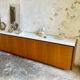 Large vintage sideboard 248 cm – wood & white mineral concrete top –