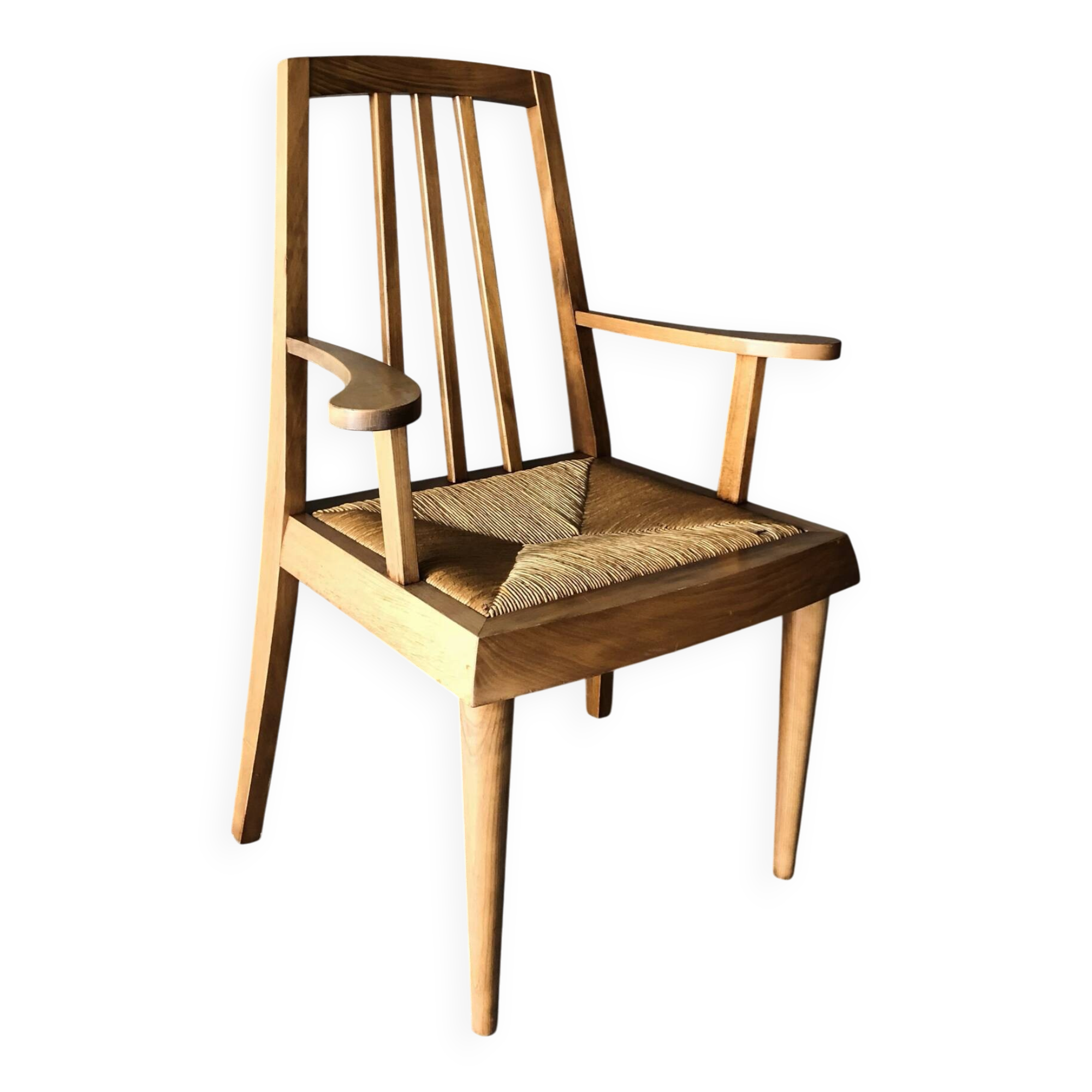 Solid wood and straw armchair, Reconstruction style, France