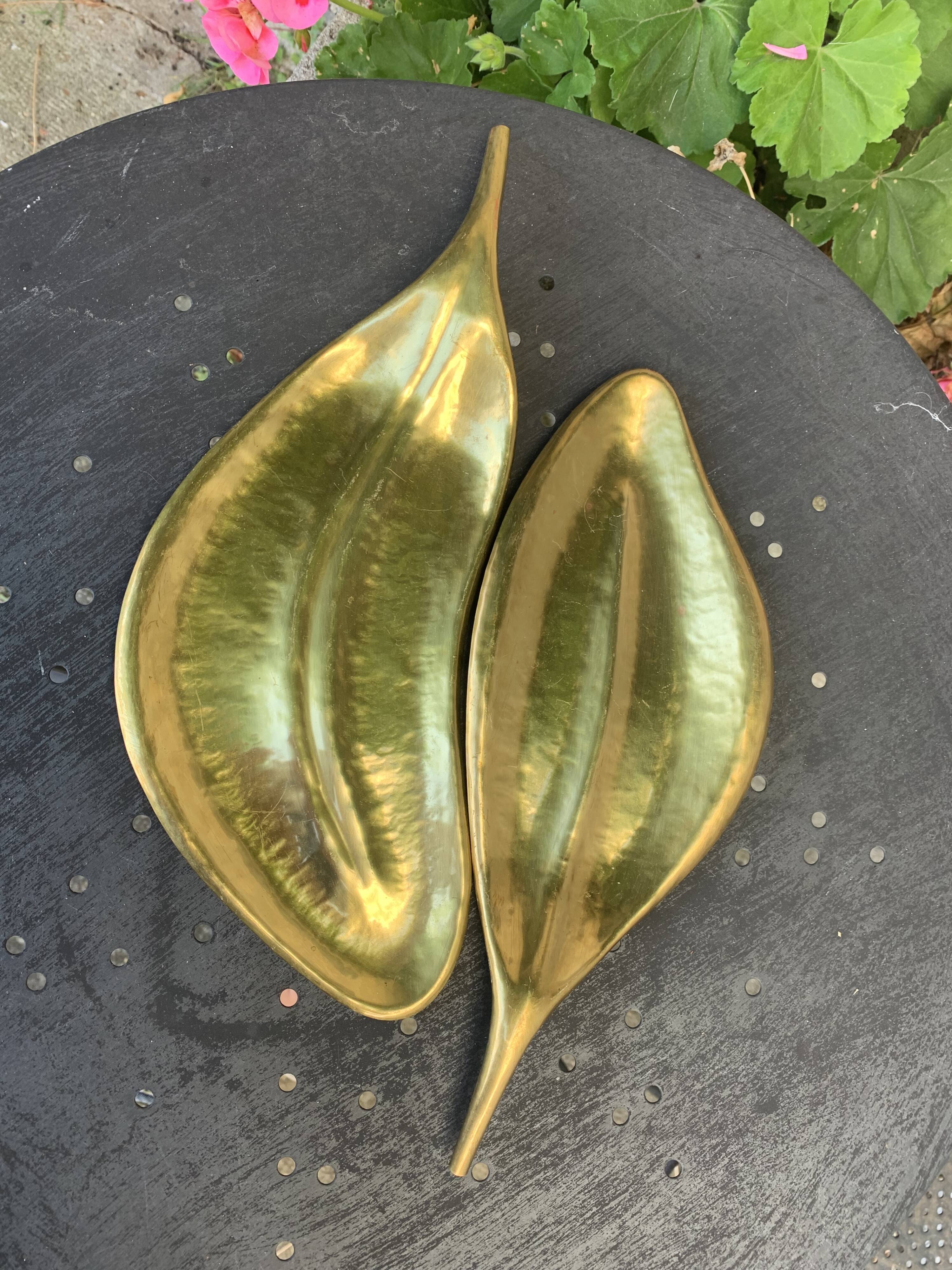 Two dishes, empty pocket vintage brass leaves