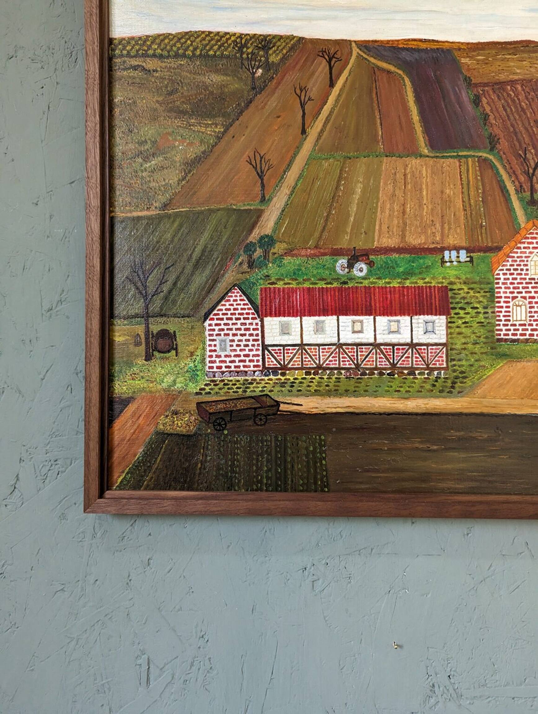 Mid-Century Modern "The Working Farm" Vintage Naïve Style Landscape Oil Painting, Framed