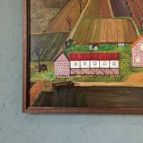 Mid-Century Modern "The Working Farm" Vintage Naïve Style Landscape Oil Painting, Framed
