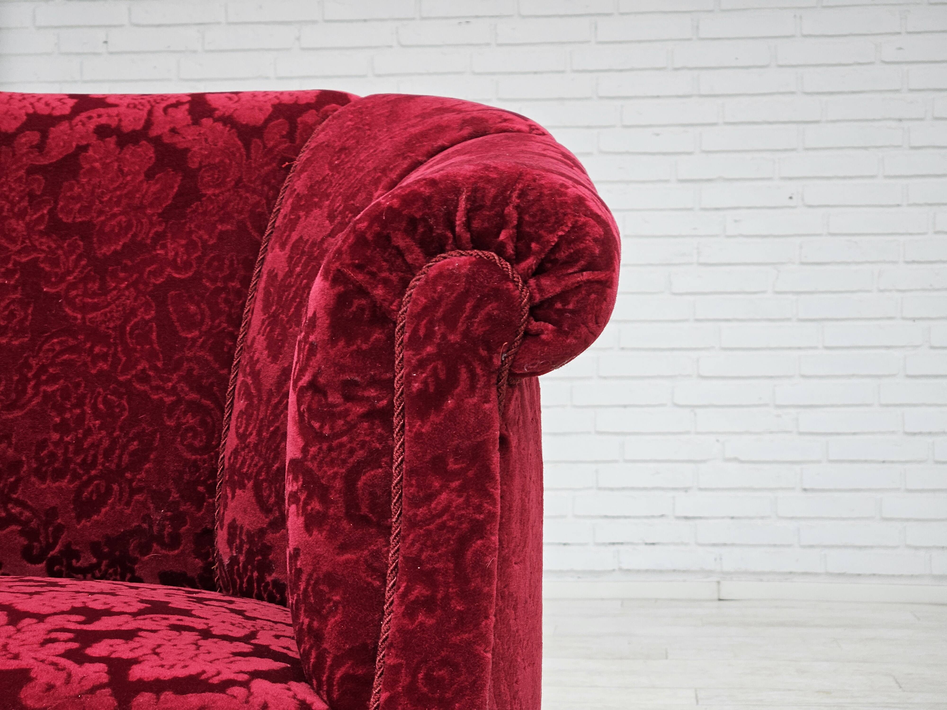 1950s, pair of Danish lounge chairs, red cotton/wool fabric.