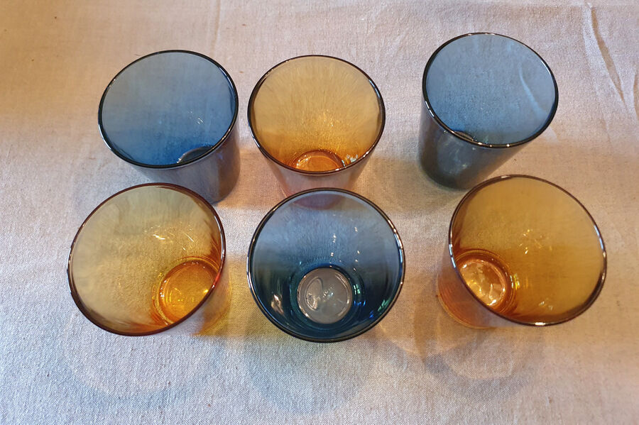 7 vintage blue water glasses