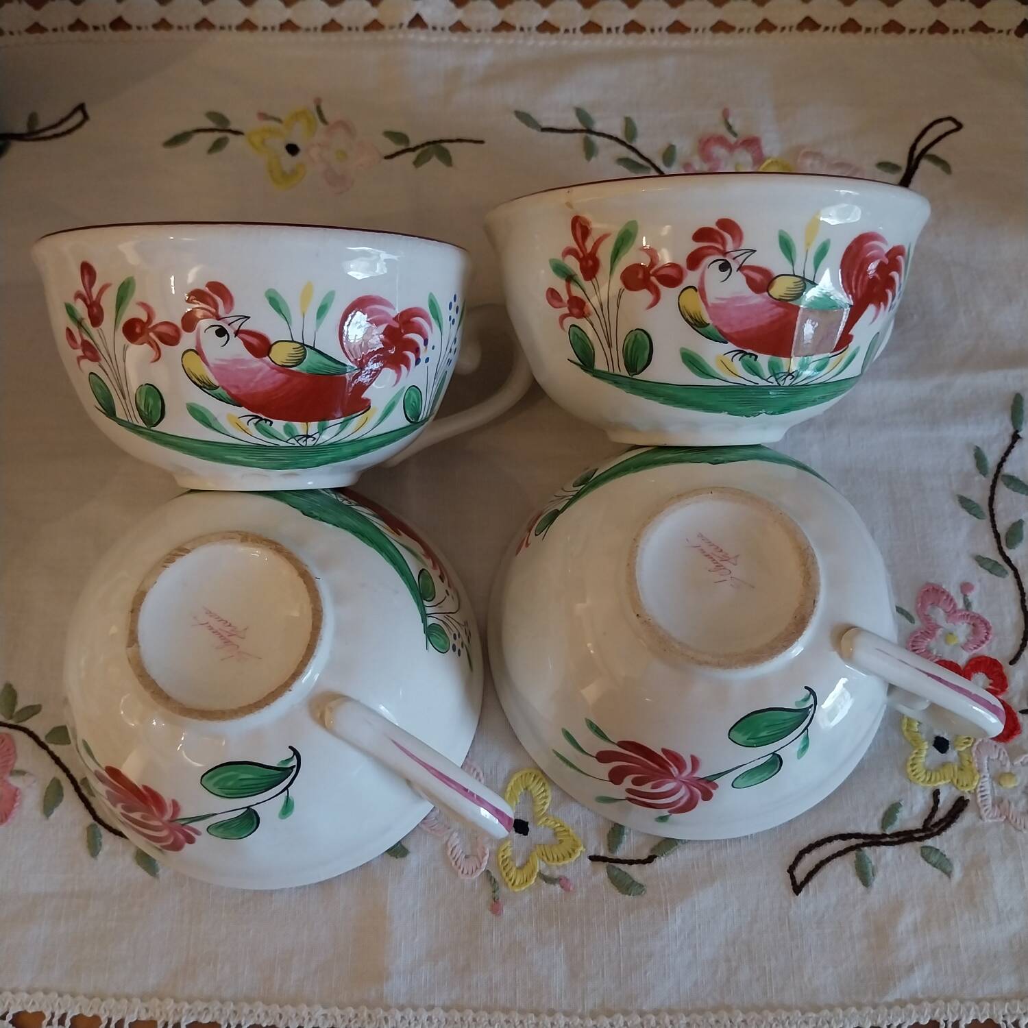 St Clement France earthenware cups, Le Cop decor