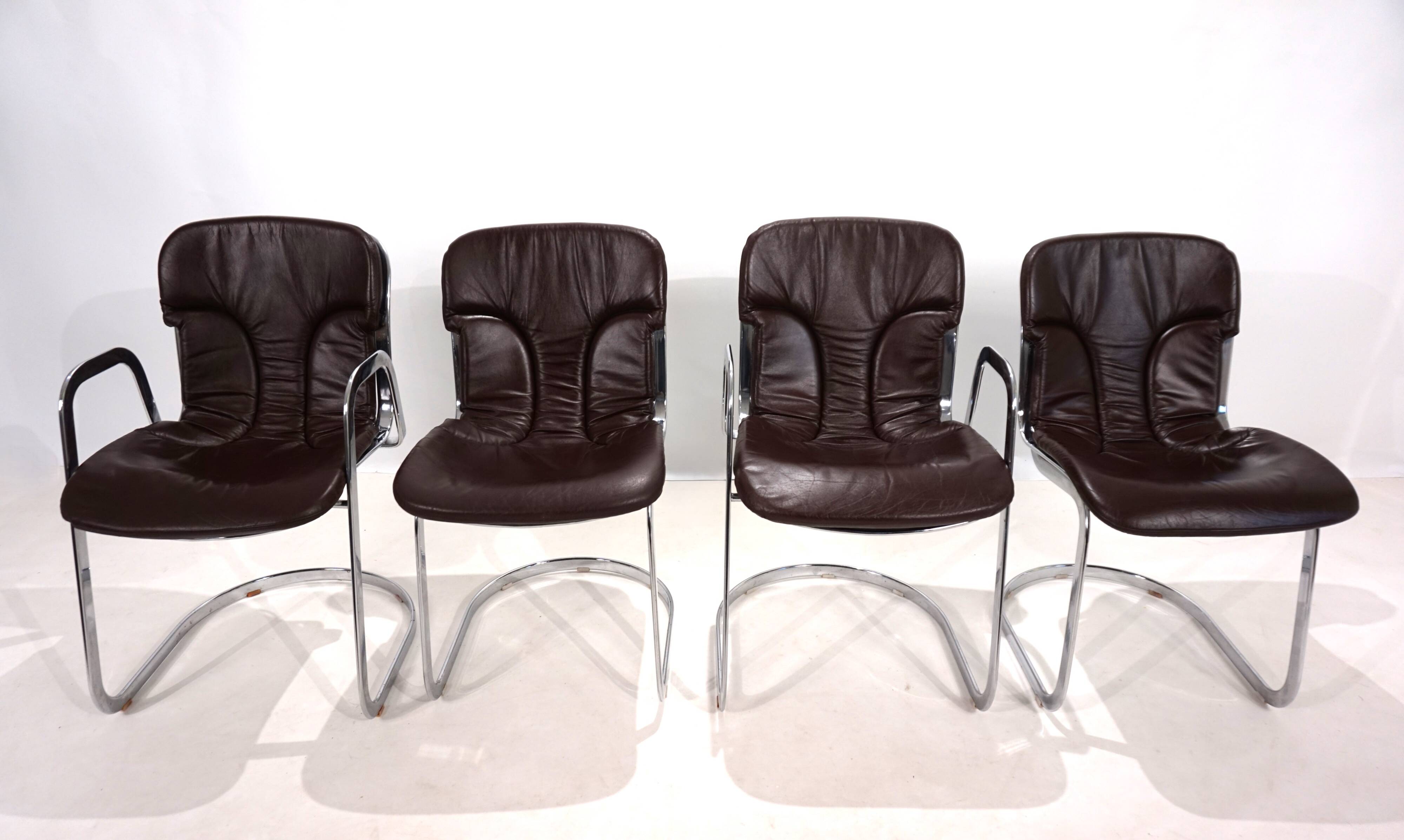 Set of four Cidue leather chrome cantilever chairs by Willy Rizzo, 1970