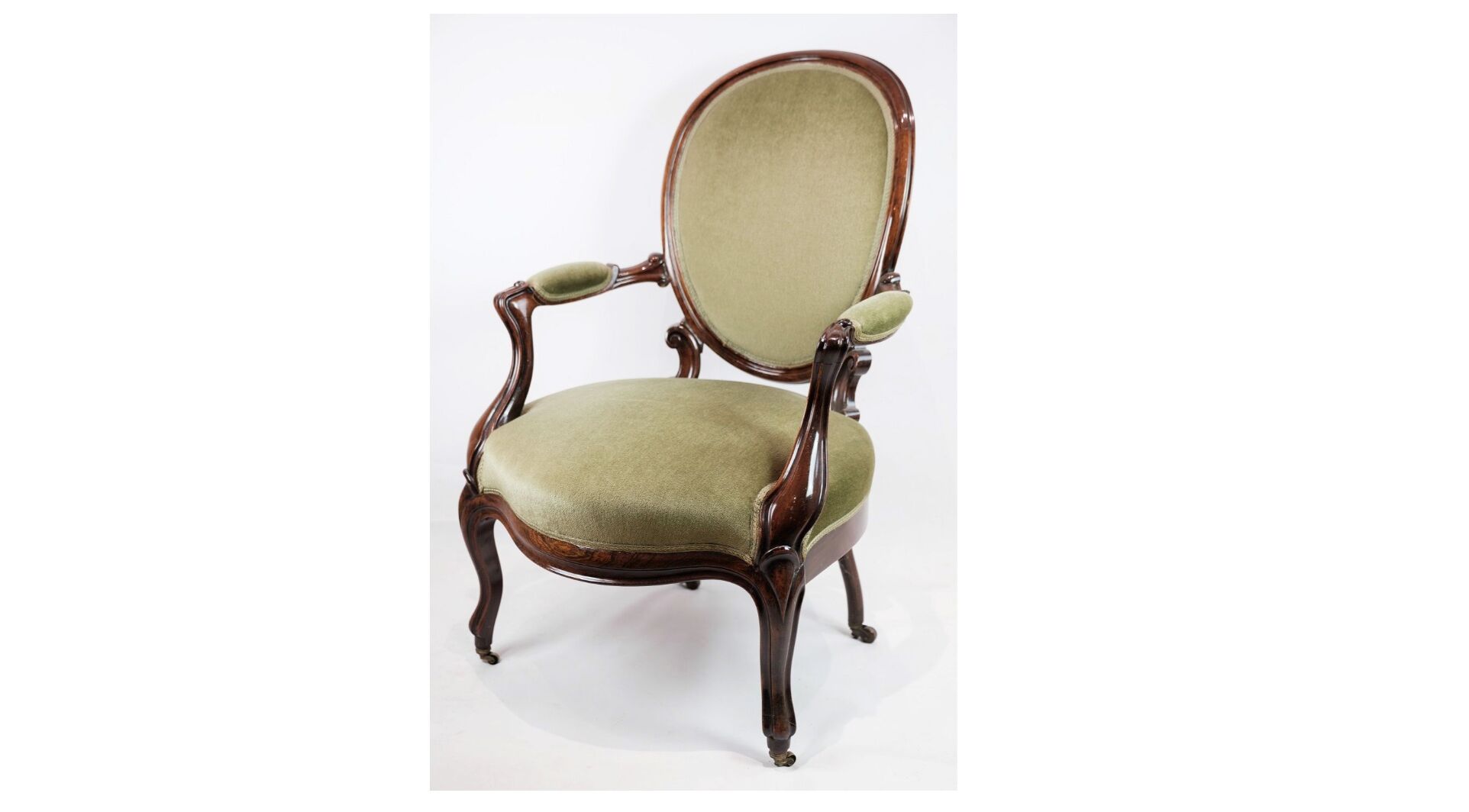 Neo-Rococo Armchair in Mahogany with Brand Green Velour Upholstery