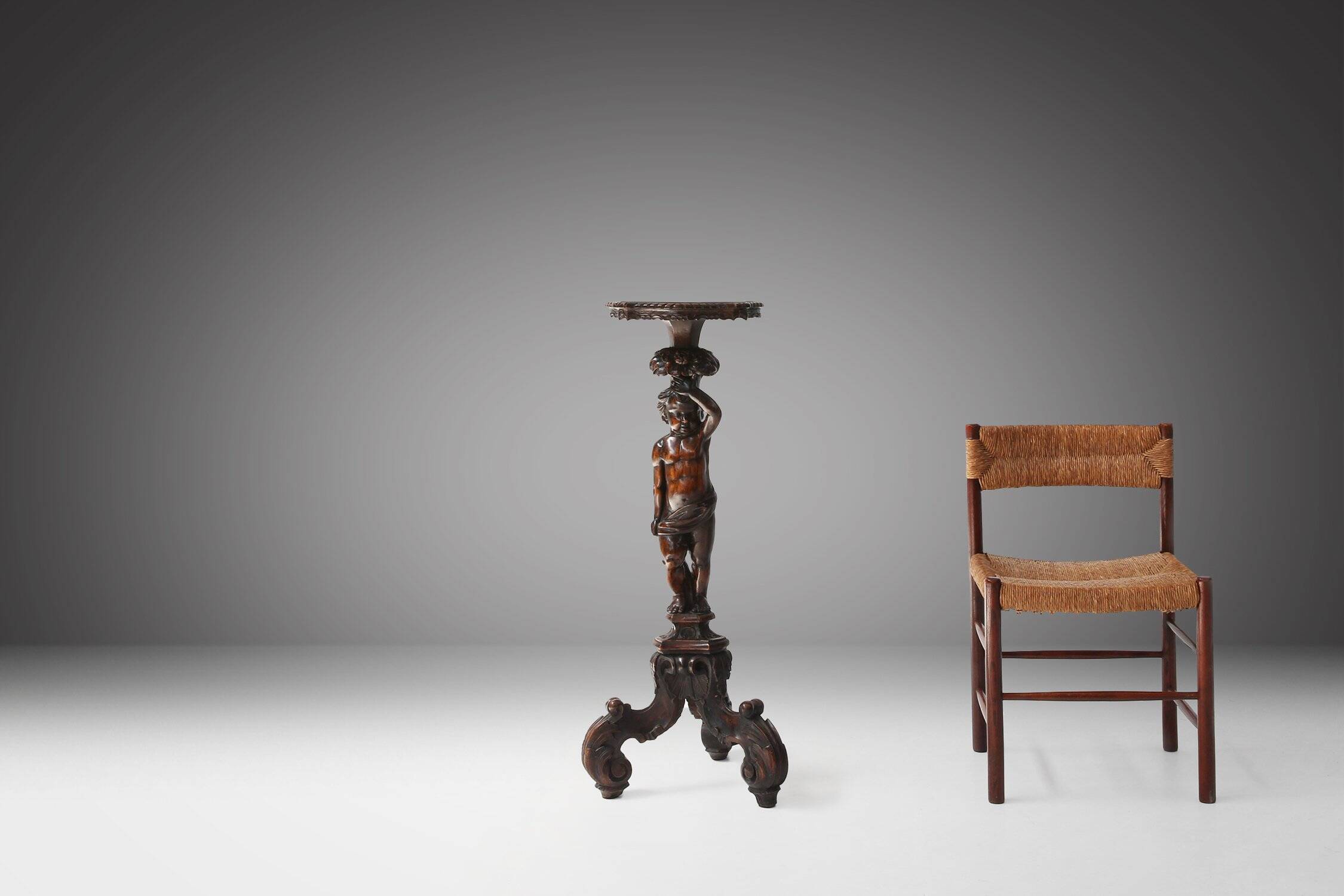 Carved Walnut Pedestal Table with Putto, France 1850s