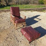 Vintage "Bain De Soleil" Armchair in Oak and Faux Leather Cushions - 20th Century