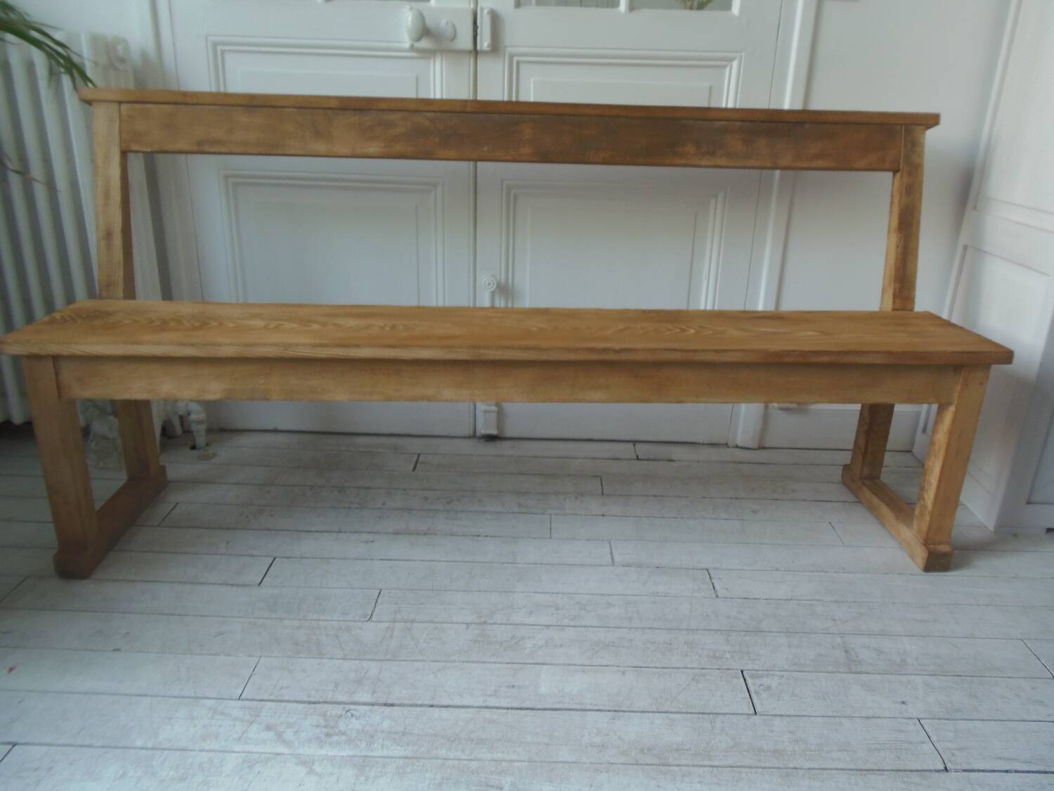 Church bench, end of bed in pitch pine with light oak waxed finish.