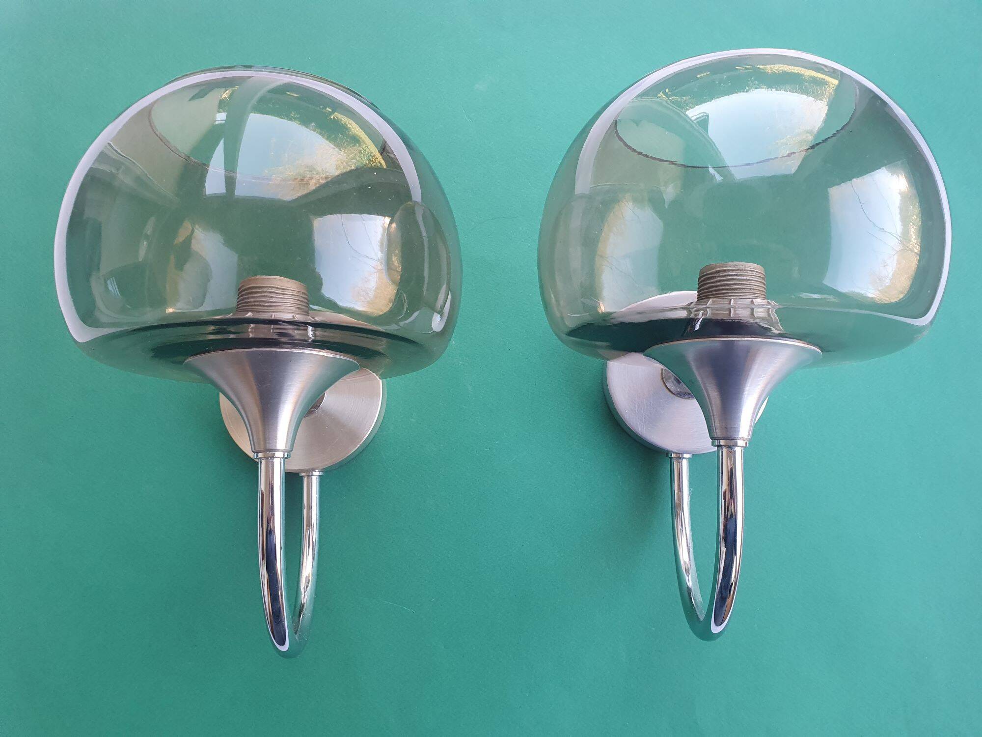 Pair of chrome metal and smoked glass wall lights from the 80s