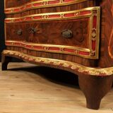 Majestueuse commode galbée style Régence en marqueterie de bois de rose et palissandre