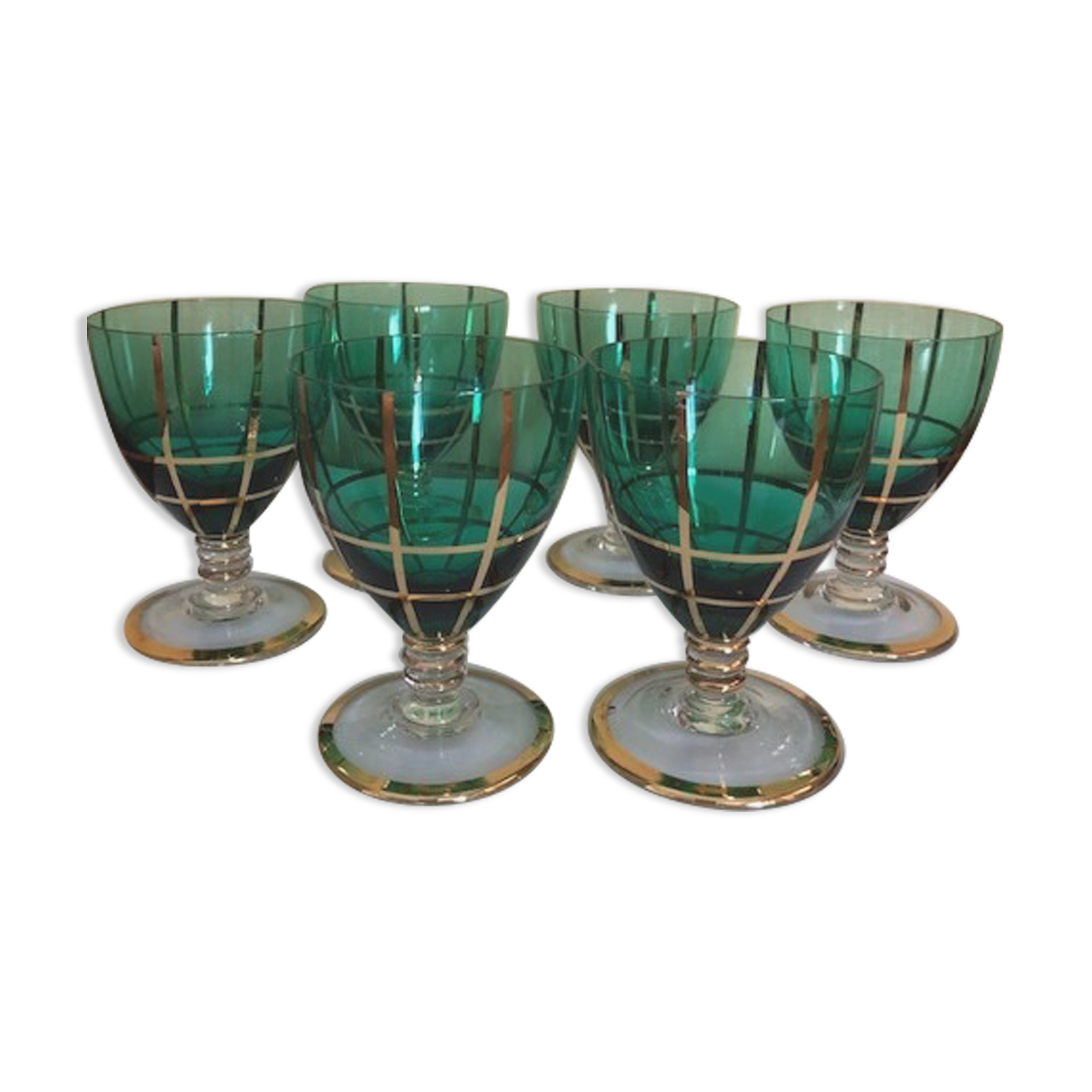 Set of 6 green and gold stemmed glasses