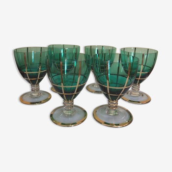 Set of 6 green and gold stemmed glasses