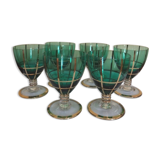 Set of 6 green and gold stemmed glasses