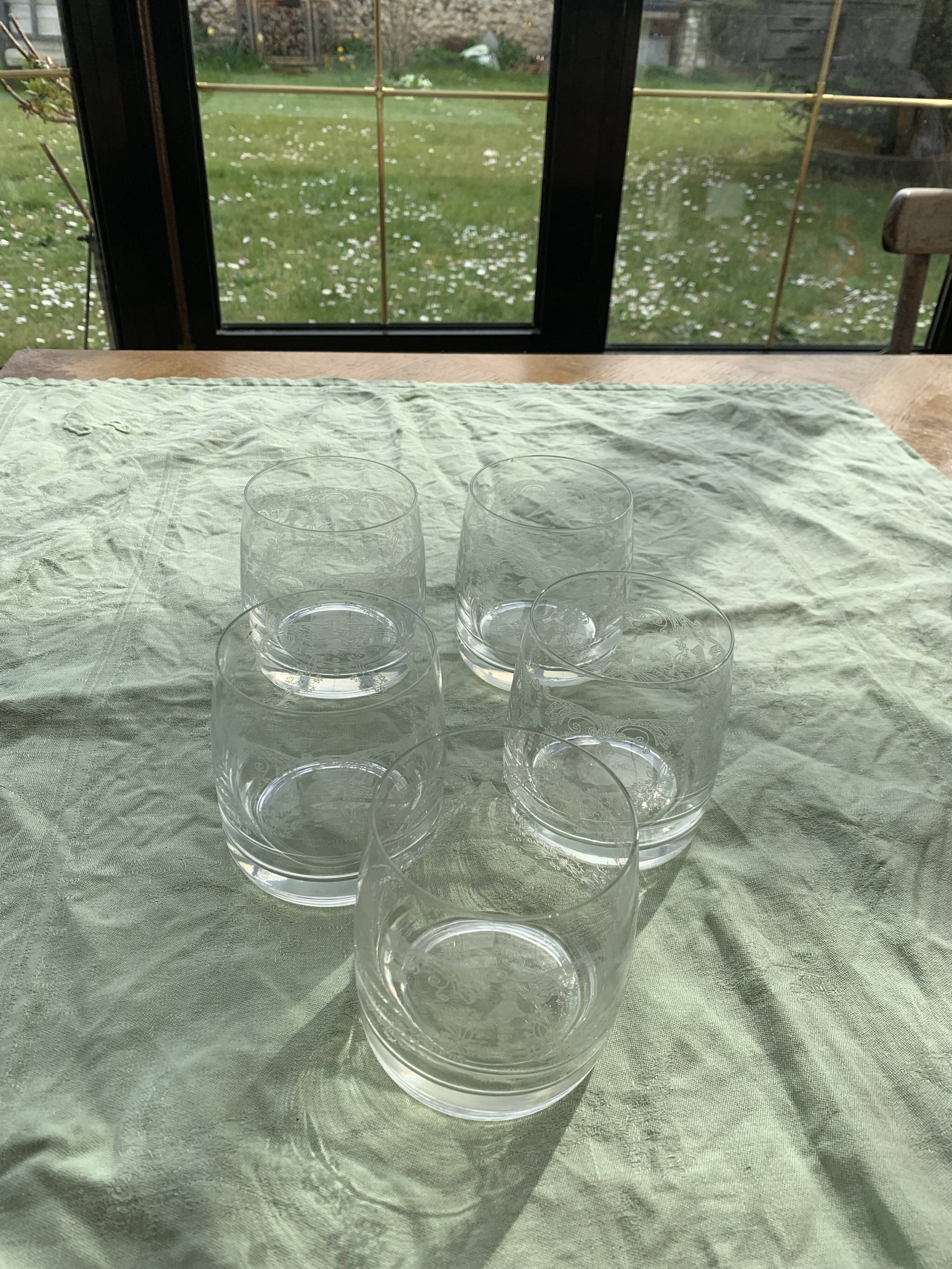 5 antique whiskey glasses, Easter frieze bells and vintage flowers