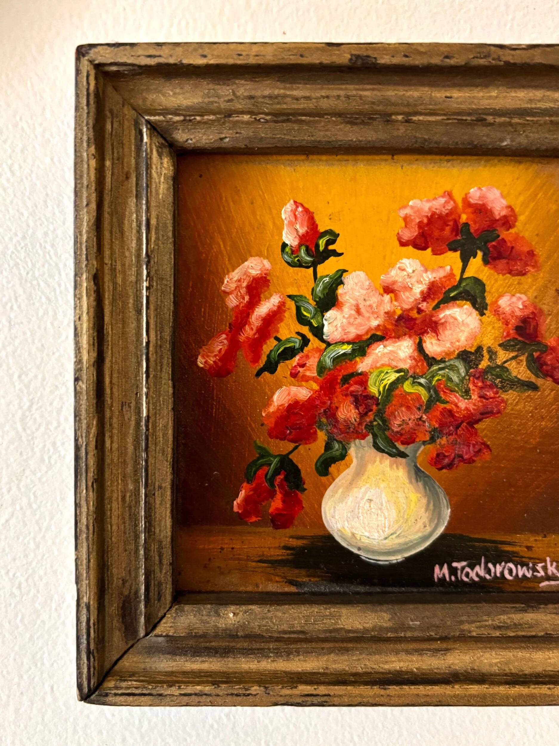 Framed painting on wood - red flowers