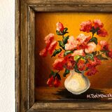 Framed painting on wood - red flowers