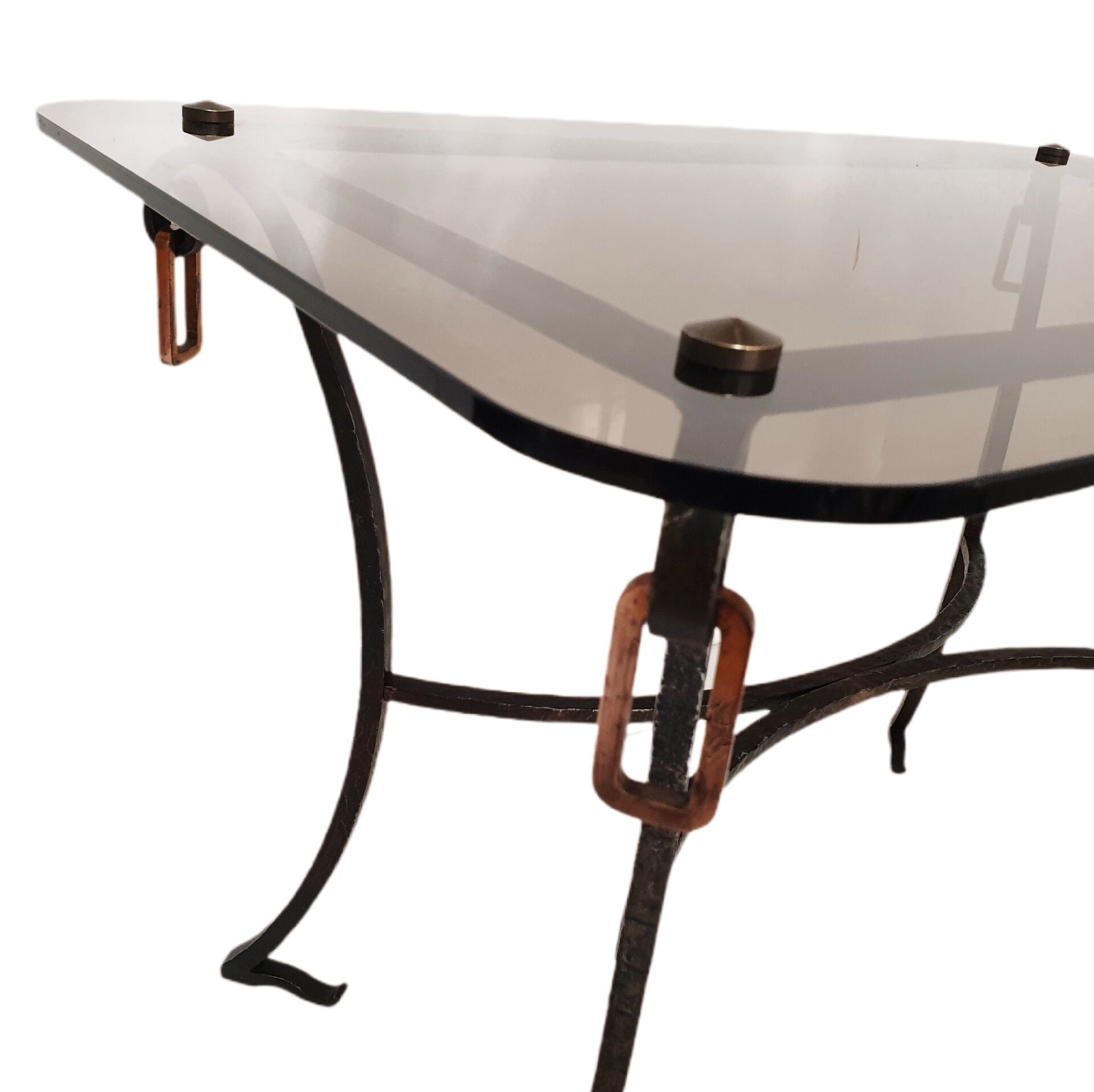 1960s/70s coffee table in wrought iron and smoked glass.