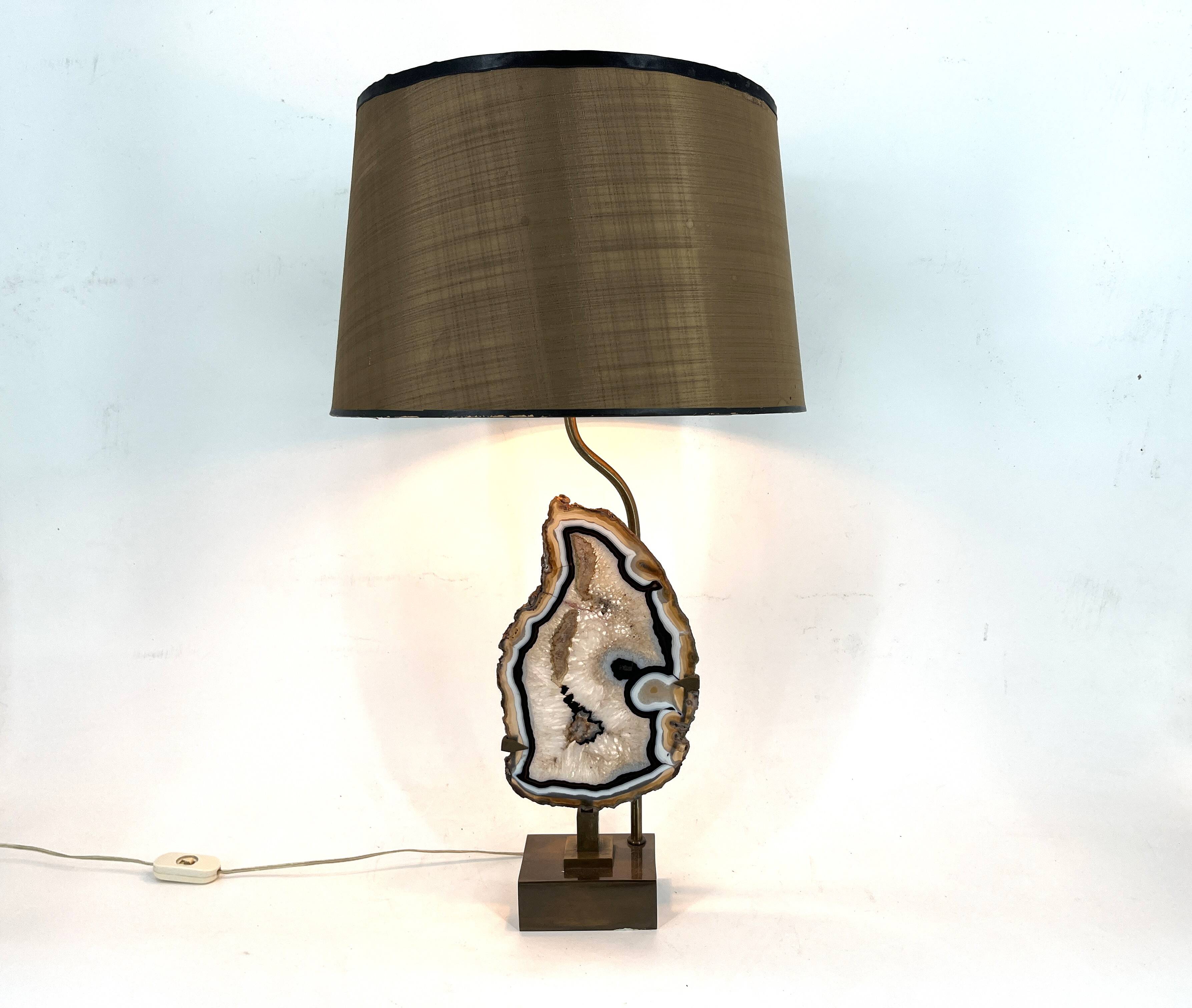 Lampe de table vintage en tranches d'agate en laiton, années 1970