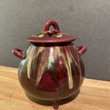 Sugar bowl, candy pot, covered pot in malicorne earthenware signed J. Guet