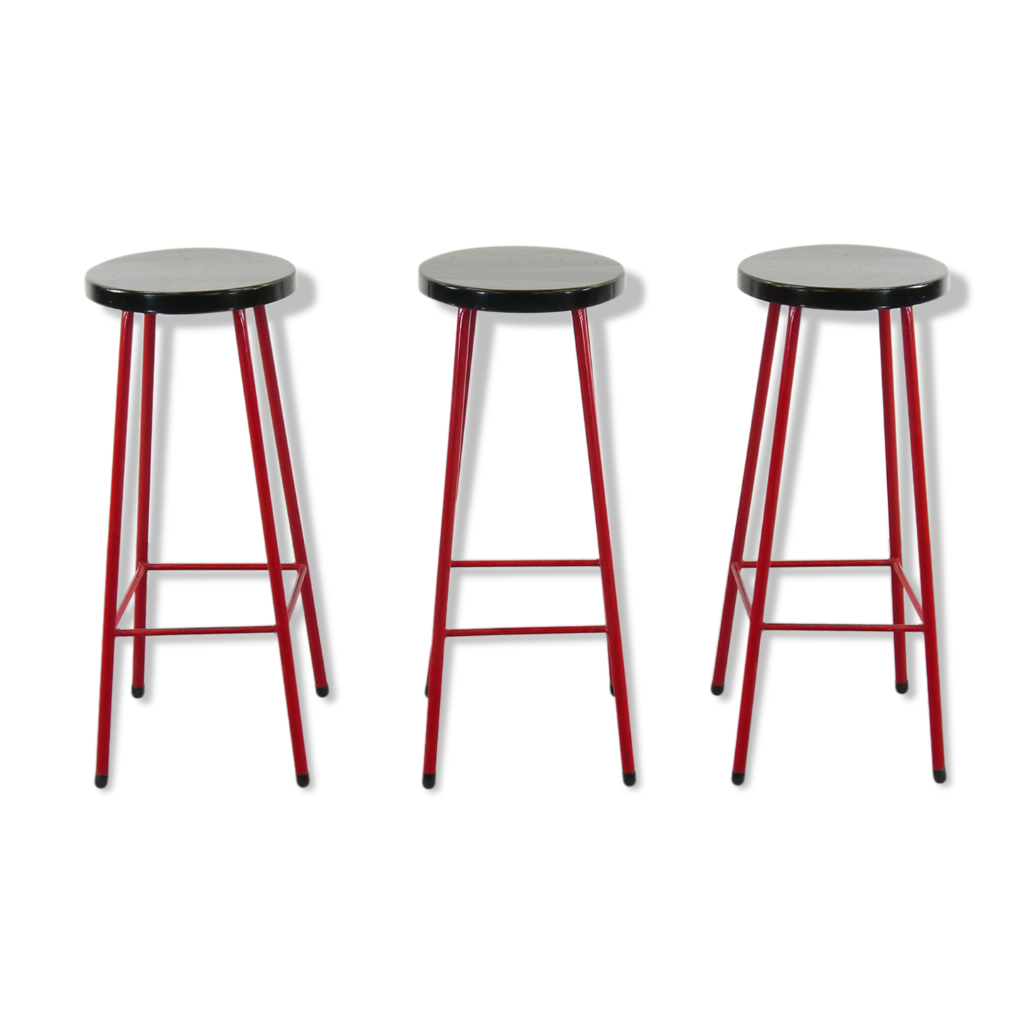 Midcentury set of 3 bar stools in red and black, 1960s-1970s